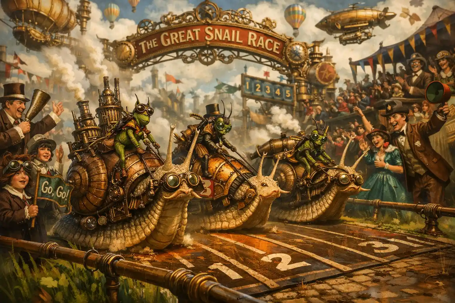 Grande Corsa di Lumache Steampunk Fantasiosa con Tifosi Festanti