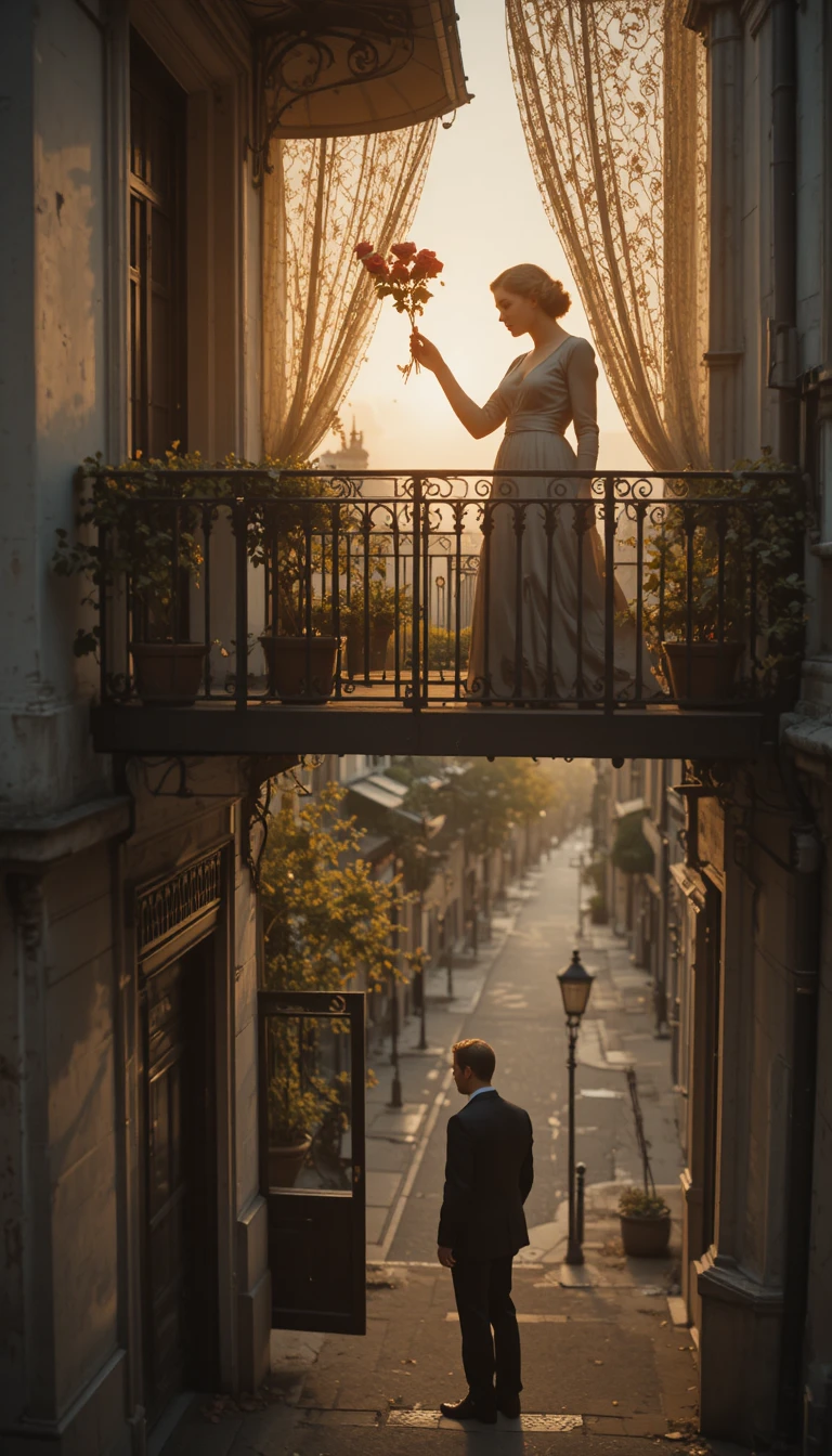 Woman on paris balcony casting roses into the street