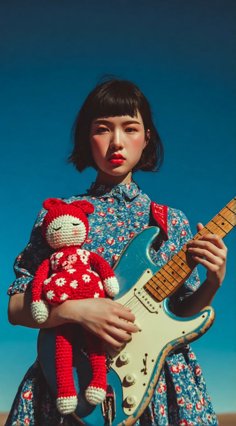 Woman holding guitar with natural arm and hand pose
