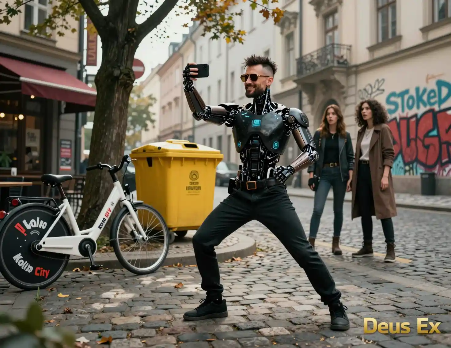 Cybernetic man taking a selfie on futuristic Prague street