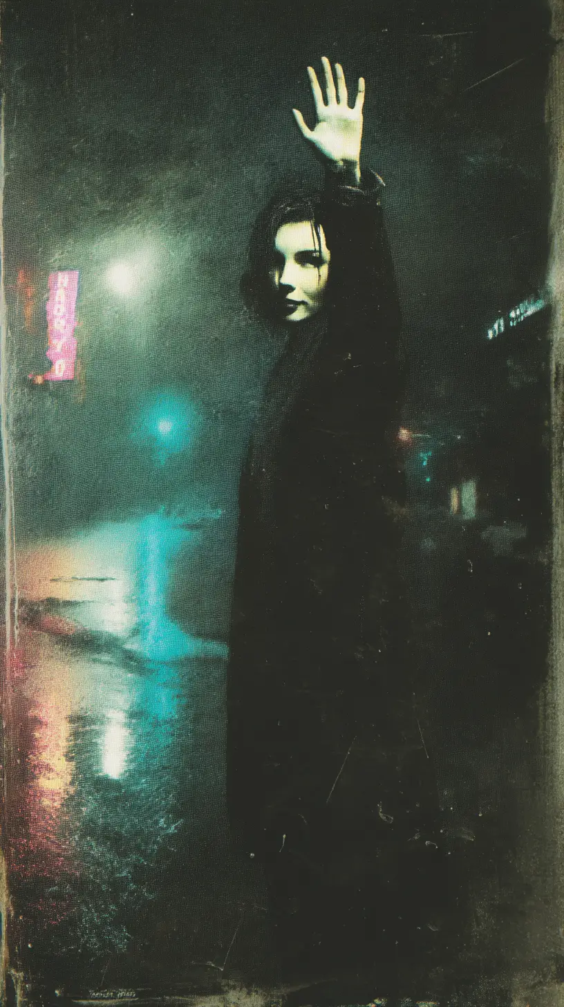 Woman waving on a rain soaked city street at night