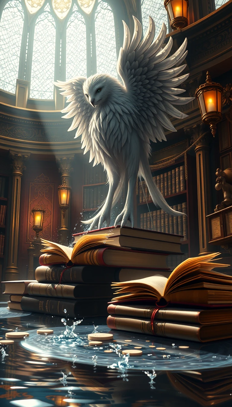 Majestic griffin on ancient books in ethereal steampunk light