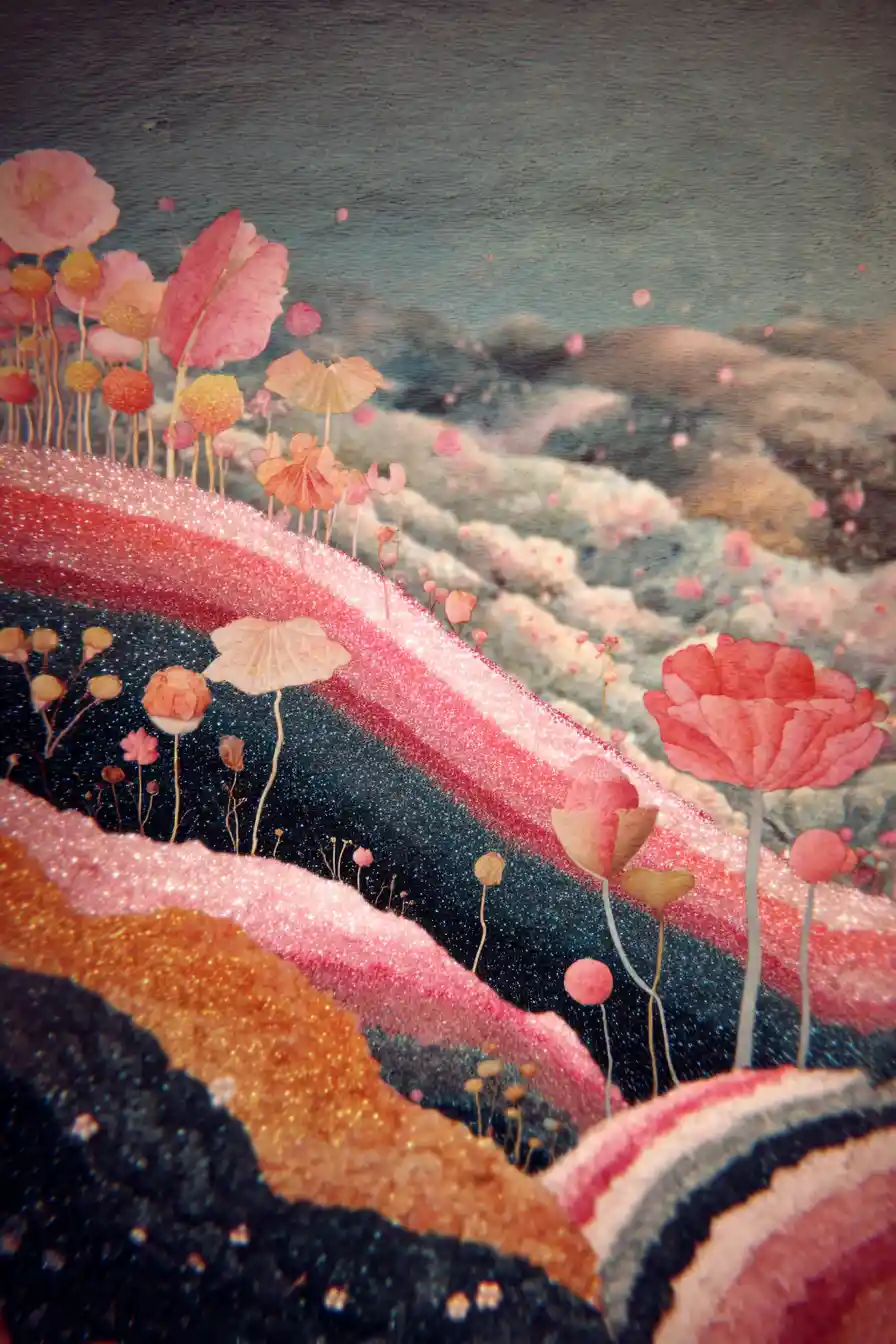 Glittering pigs floating above a striped surreal landscape