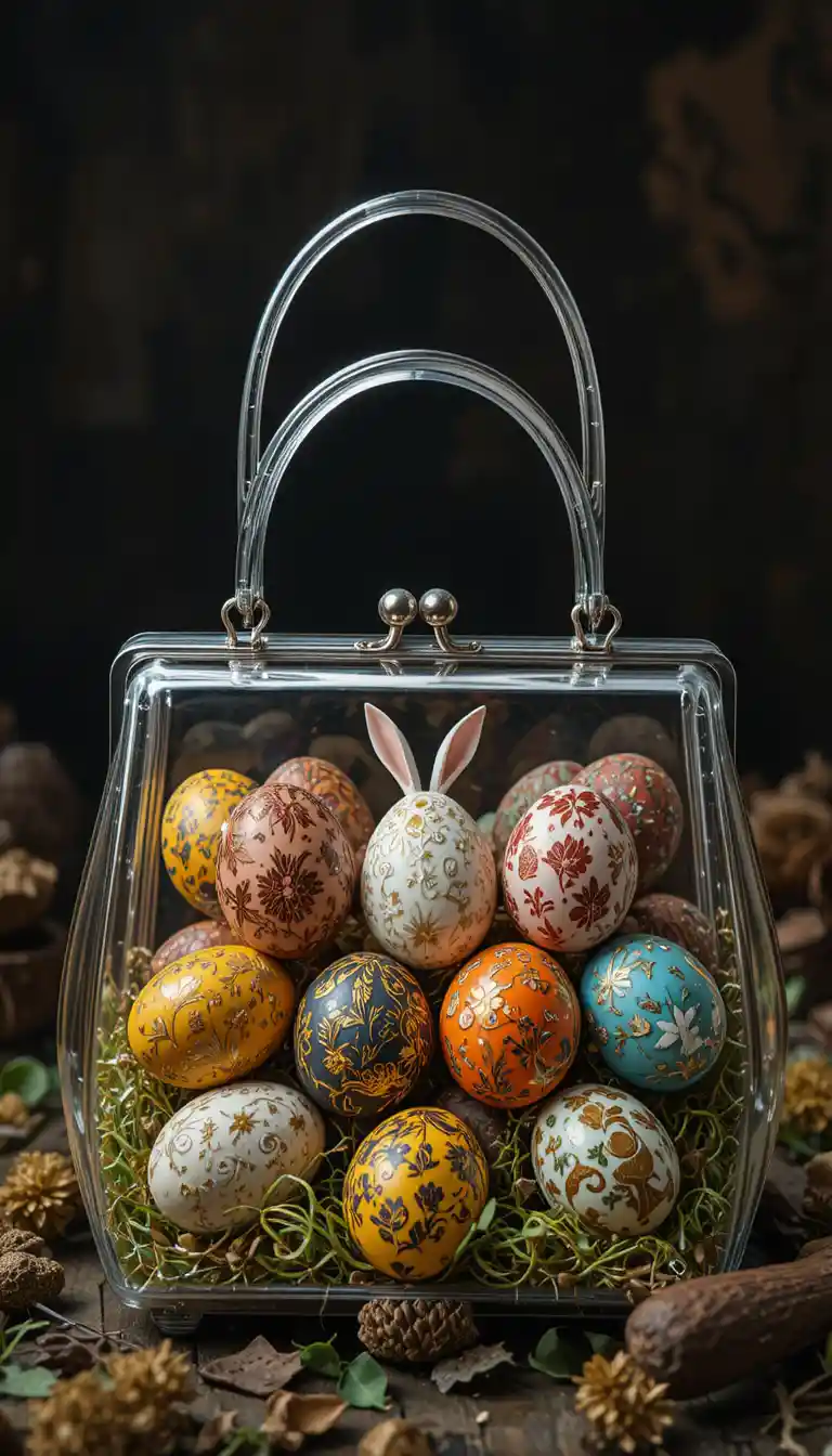Borsetta trasparente piena di uova di Pasqua araucane decorate