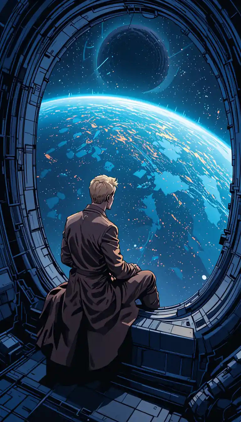 Hombre contemplando la Tierra desde la gran ventana de una estación espacial