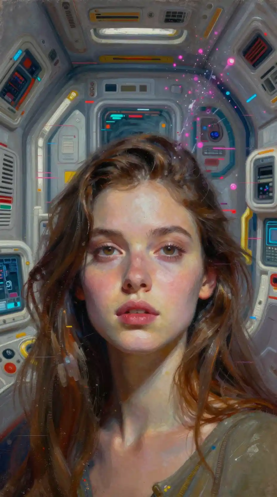 太空船內部的年輕女子超現實肖像