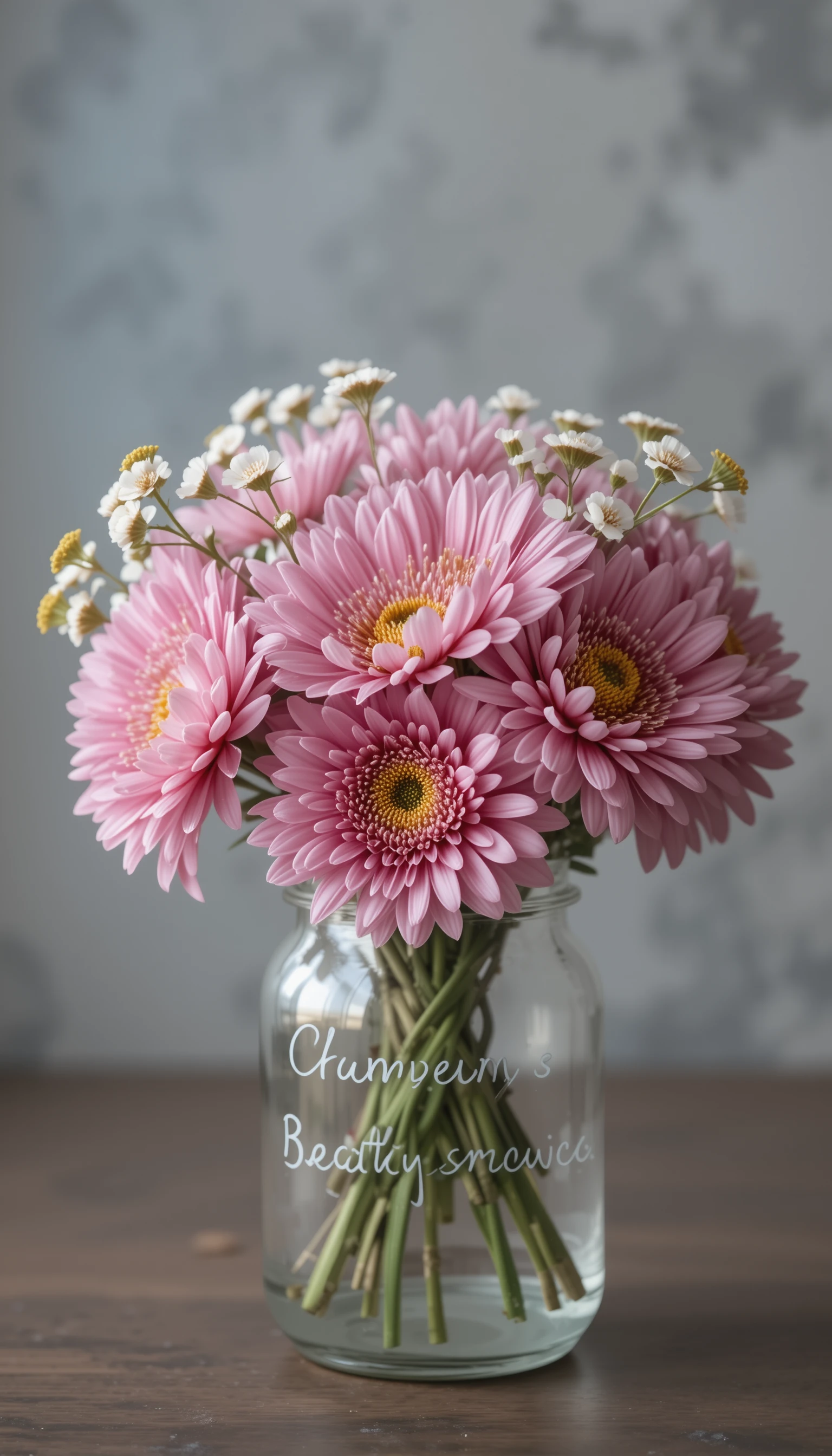 Bouquet di crisantemi rosa in barattolo di vetro con morbido bokeh grigio