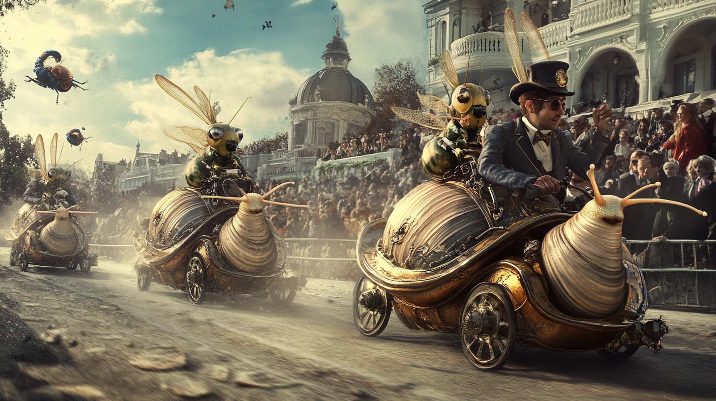 Steampunk snail race with cheering victorian crowd outdoors