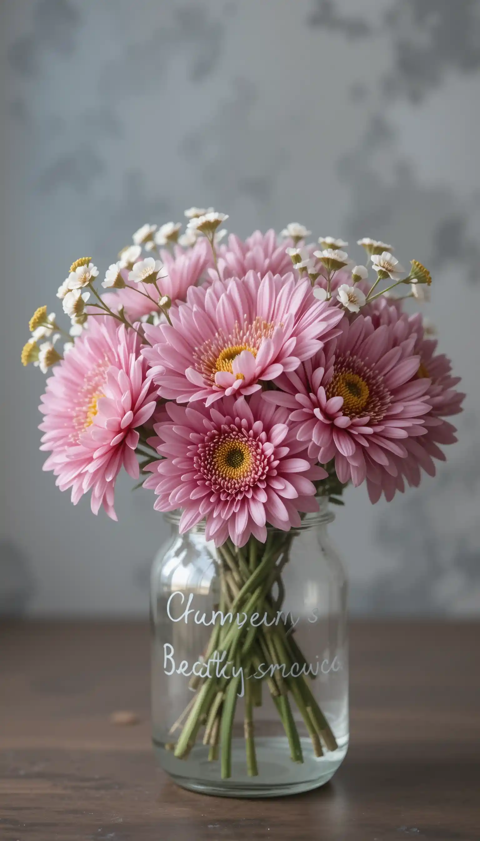 Bouquet di crisantemi rosa in barattolo di vetro con morbido bokeh grigio