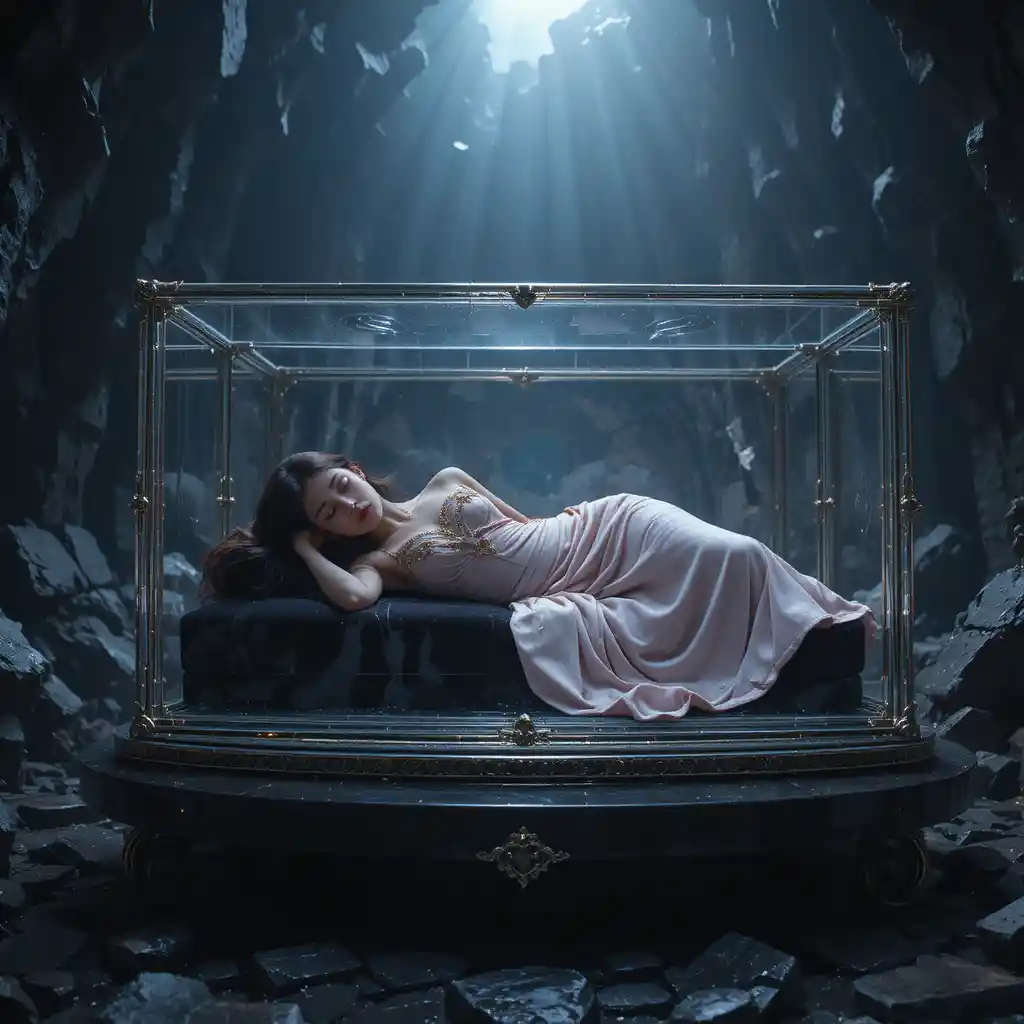 Mujer dormida en urna de cristal dentro de una caverna de obsidiana