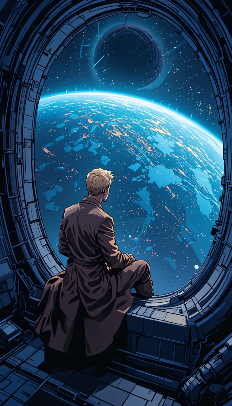 Homem contemplando a Terra pela janela de uma vasta estação espacial