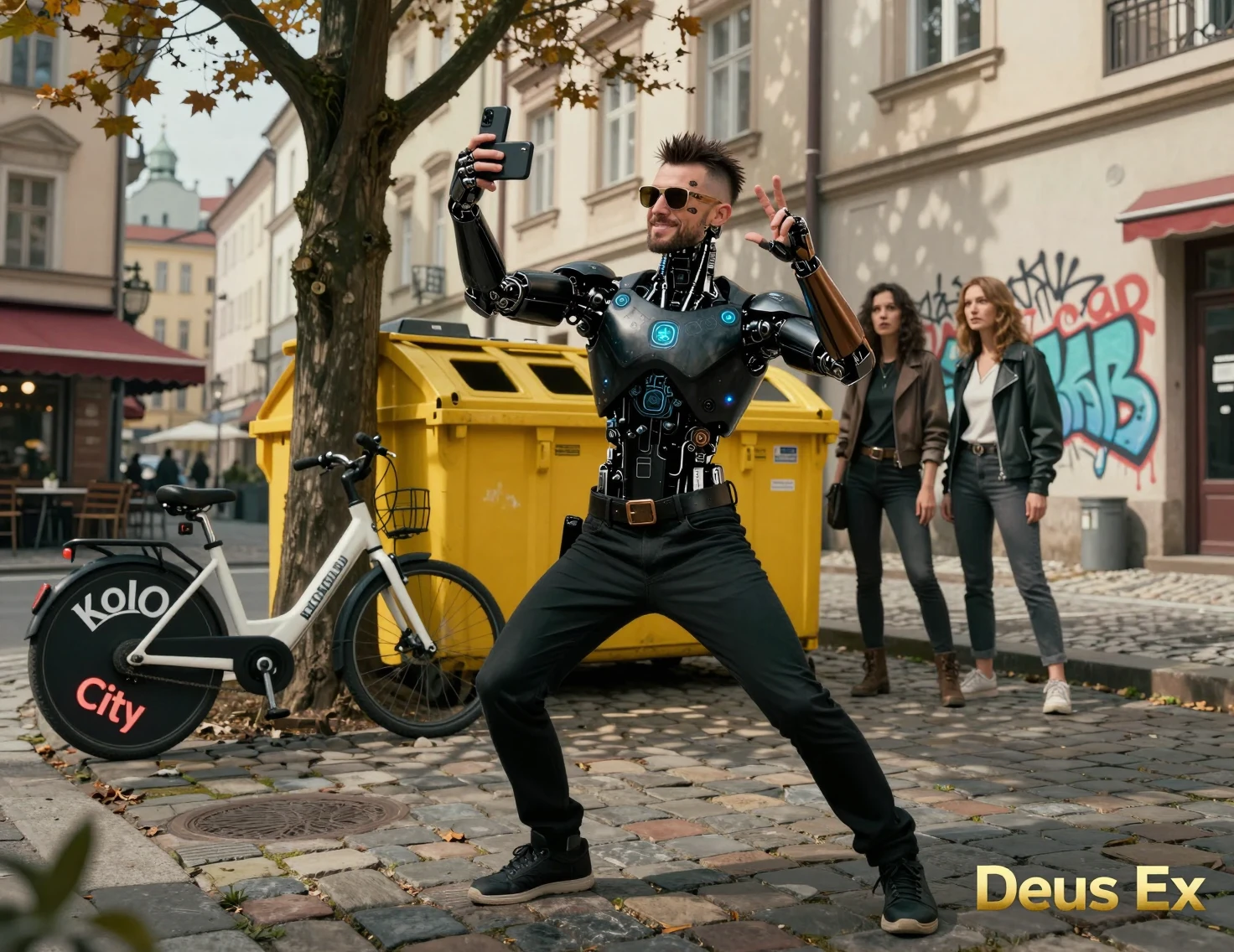 Cybernetic man taking a selfie on a Prague street