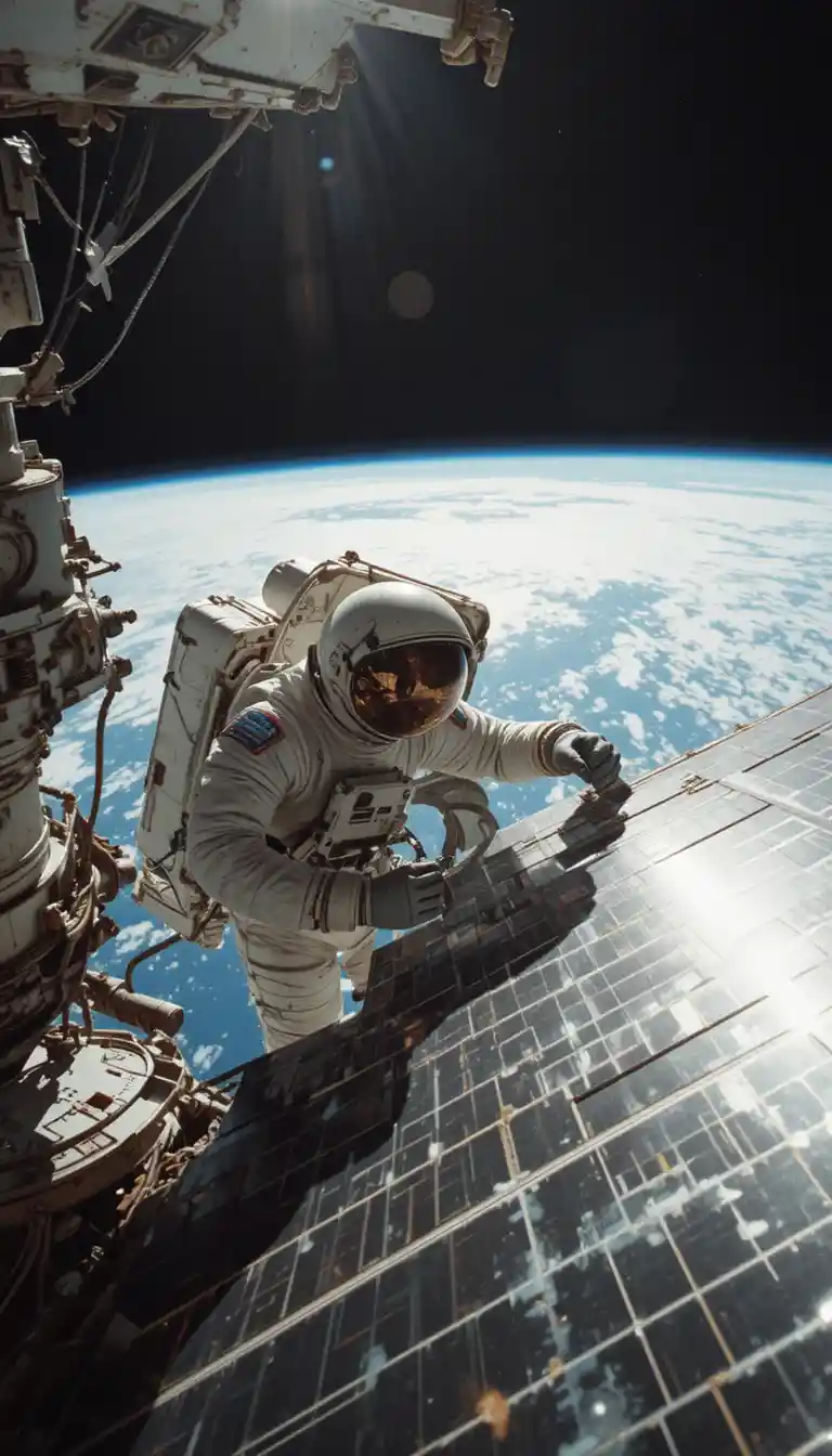 Astronauta che ripara un pannello solare sulla ISS sotto un sole accecante