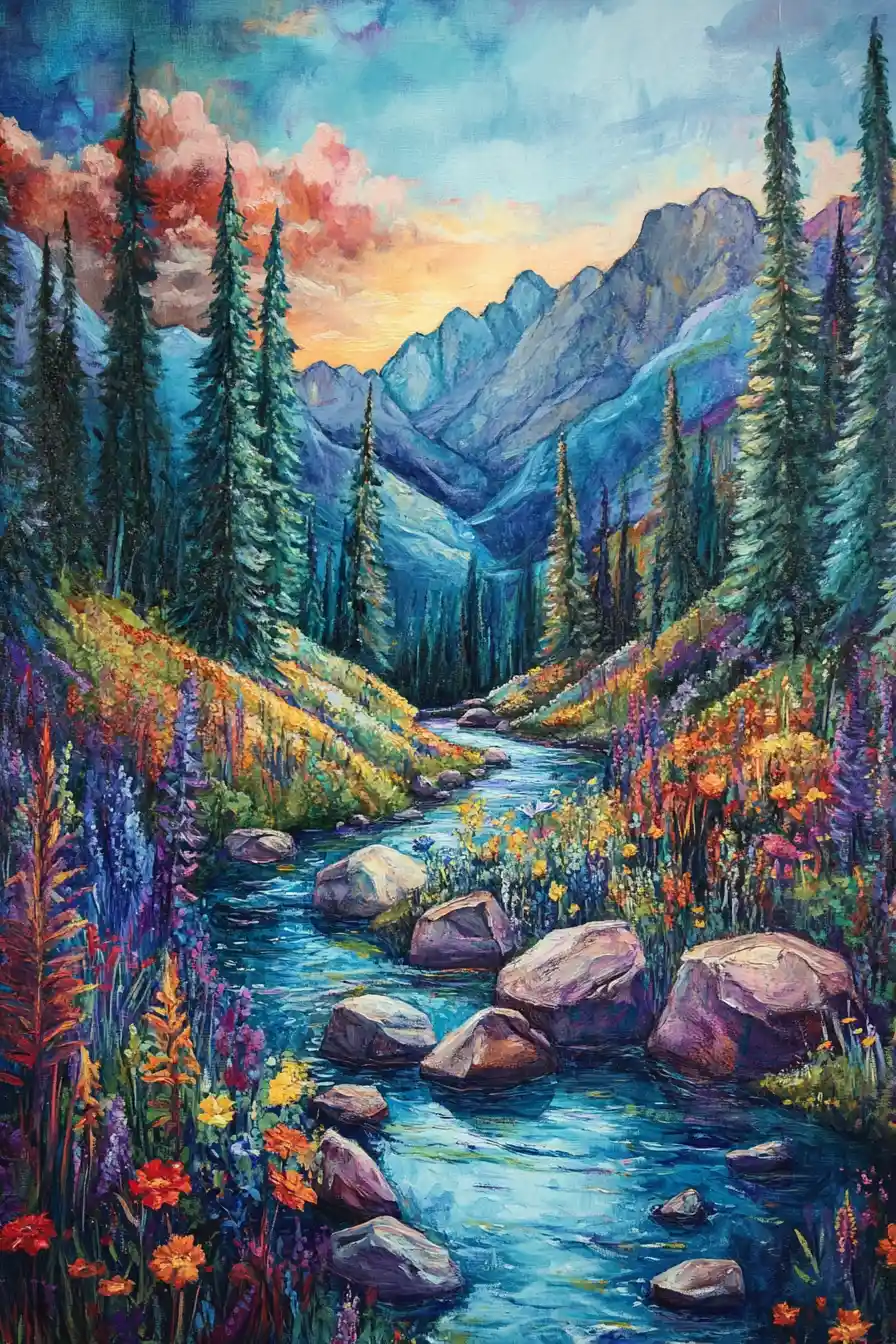Iridescent glass mountainside river with trees and wildflowers