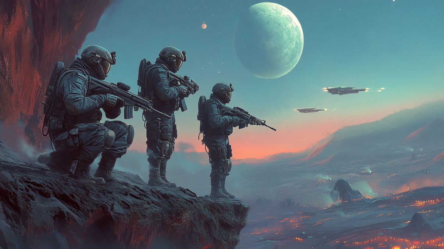 Special forces soldiers scouting from a cliff on alien world