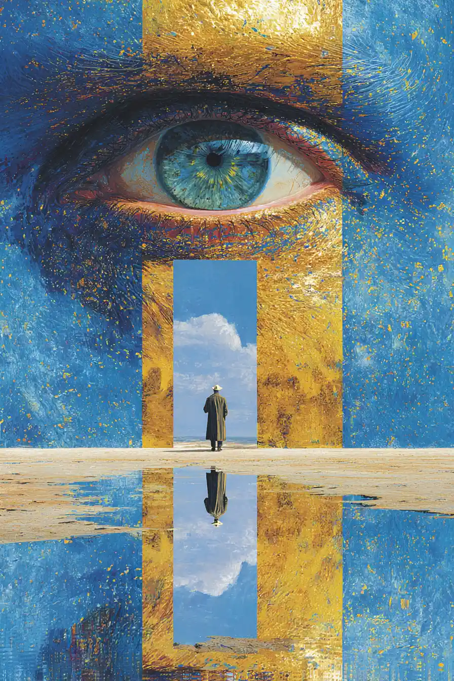 Tríptico surreal com olho humano azul e água refletiva