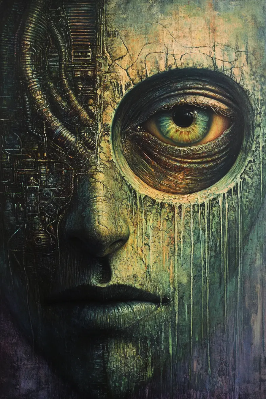 Surreal mixed media face in green and violet tones