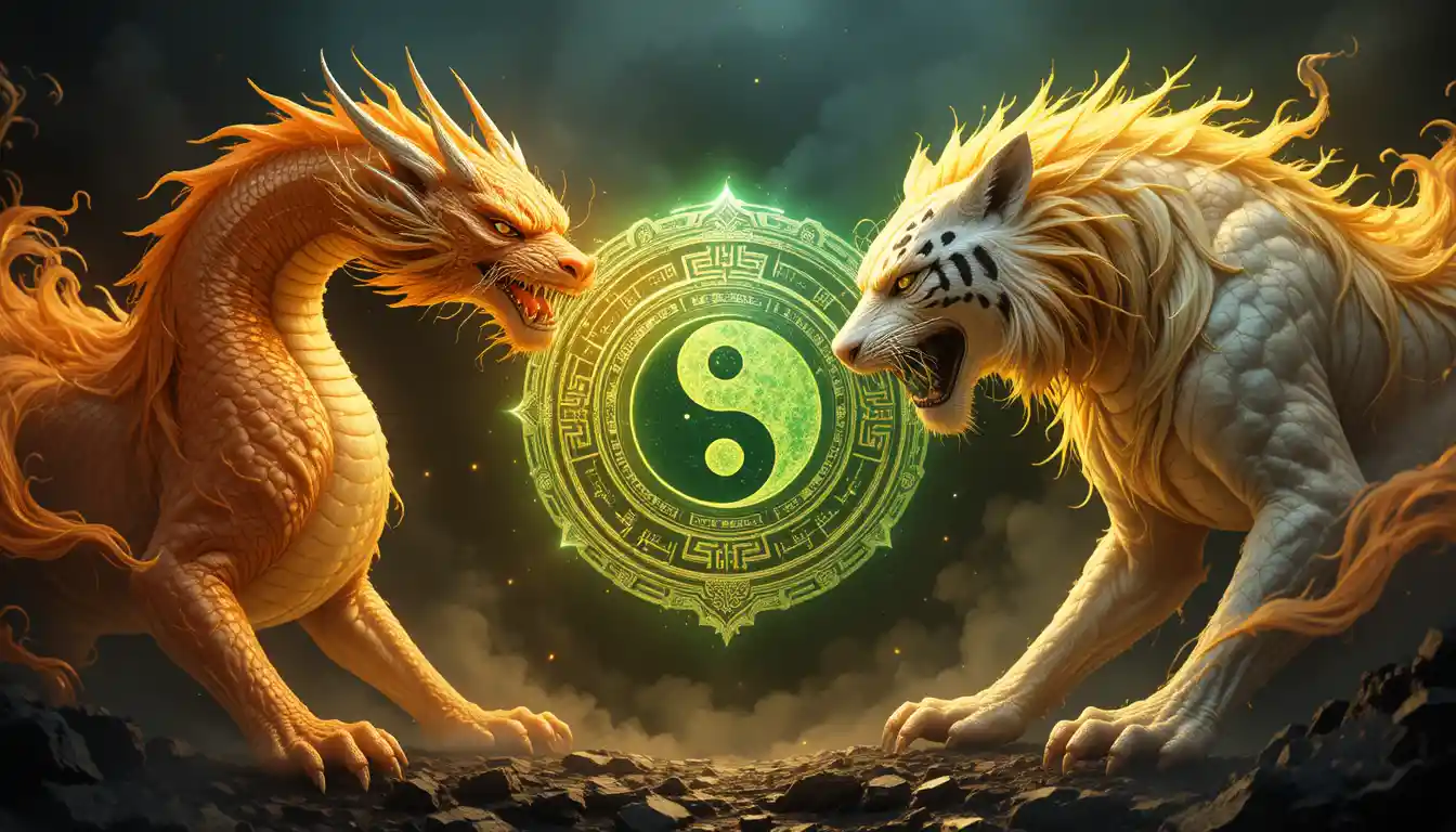 Fiery dragon and white tiger guarding glowing green bagua