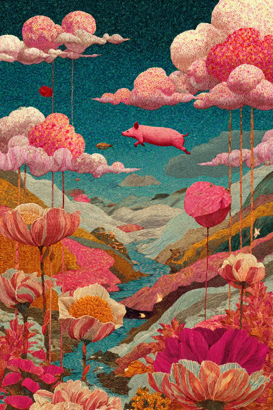 Glittering pigs diving through a surreal striped dreamscape