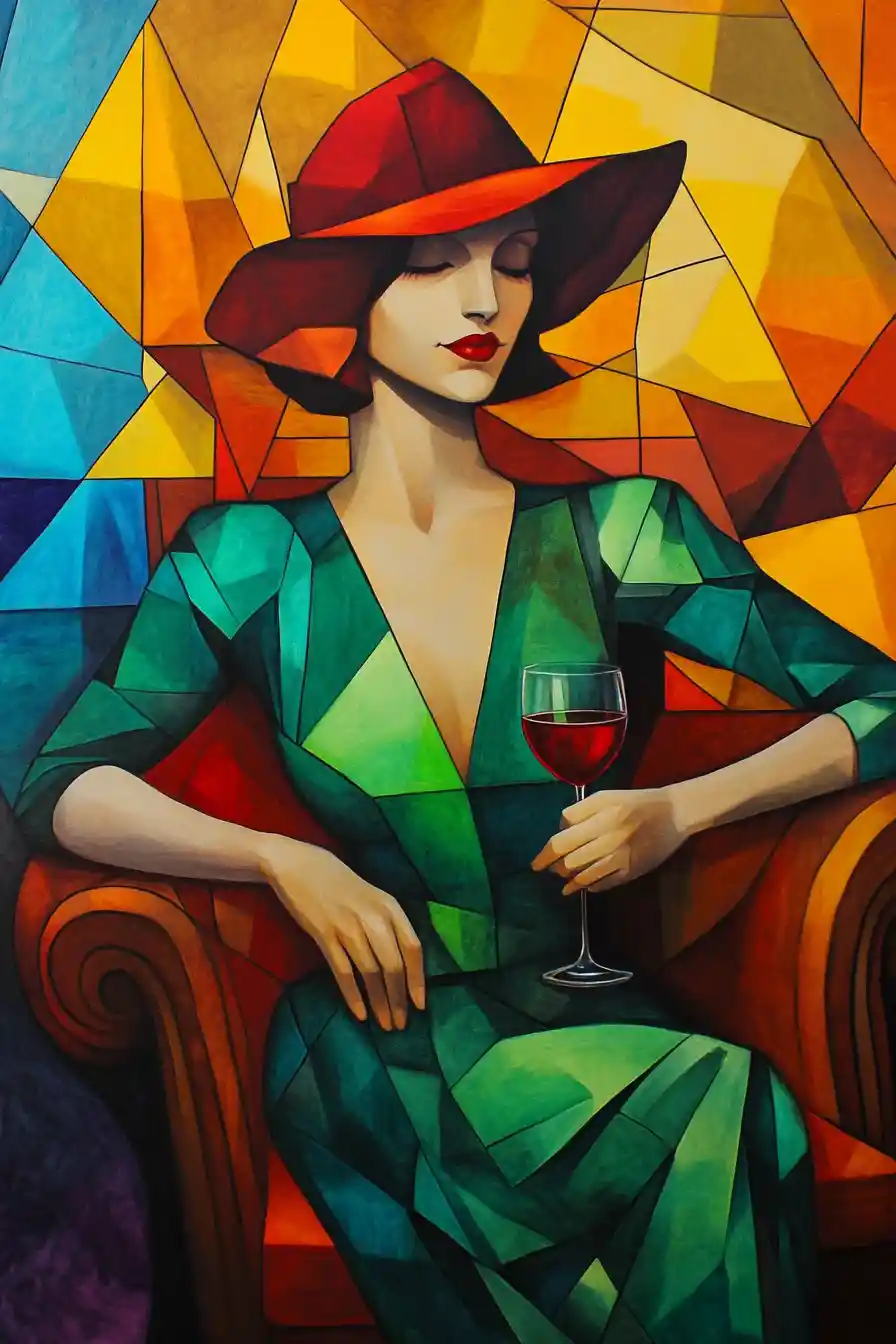Mujer art déco con sombrero rojo y copa de vino