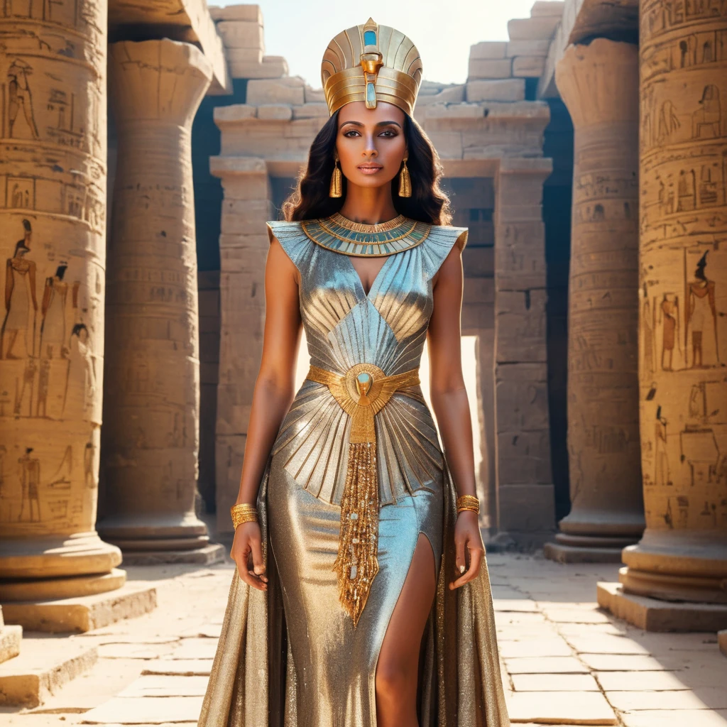 Ancient Egyptian queen in glittering couture before desert ruins