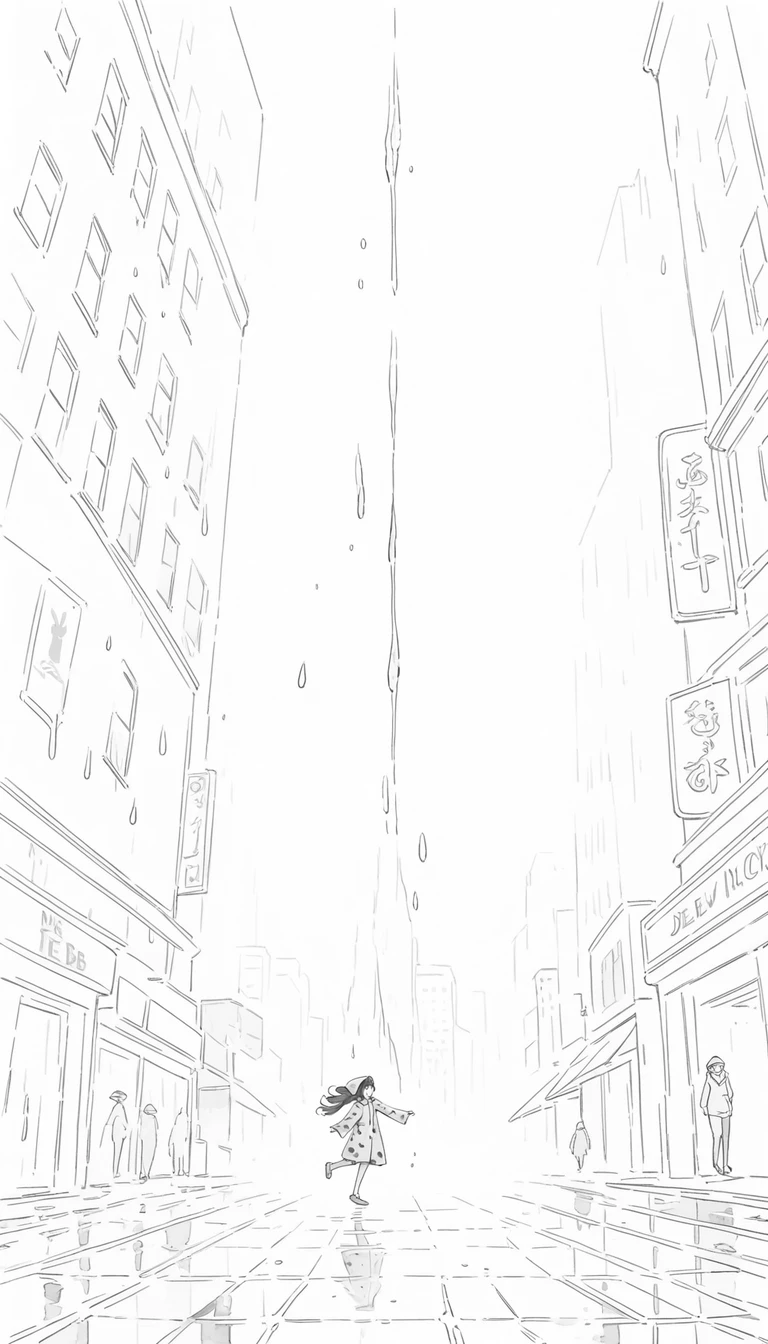 Young girl in yellow raincoat skipping on wet city street