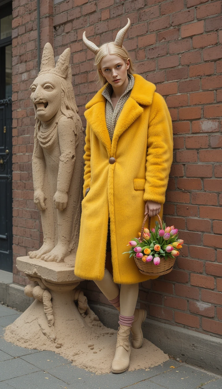 Sandy demon statue in a bright yellow coat