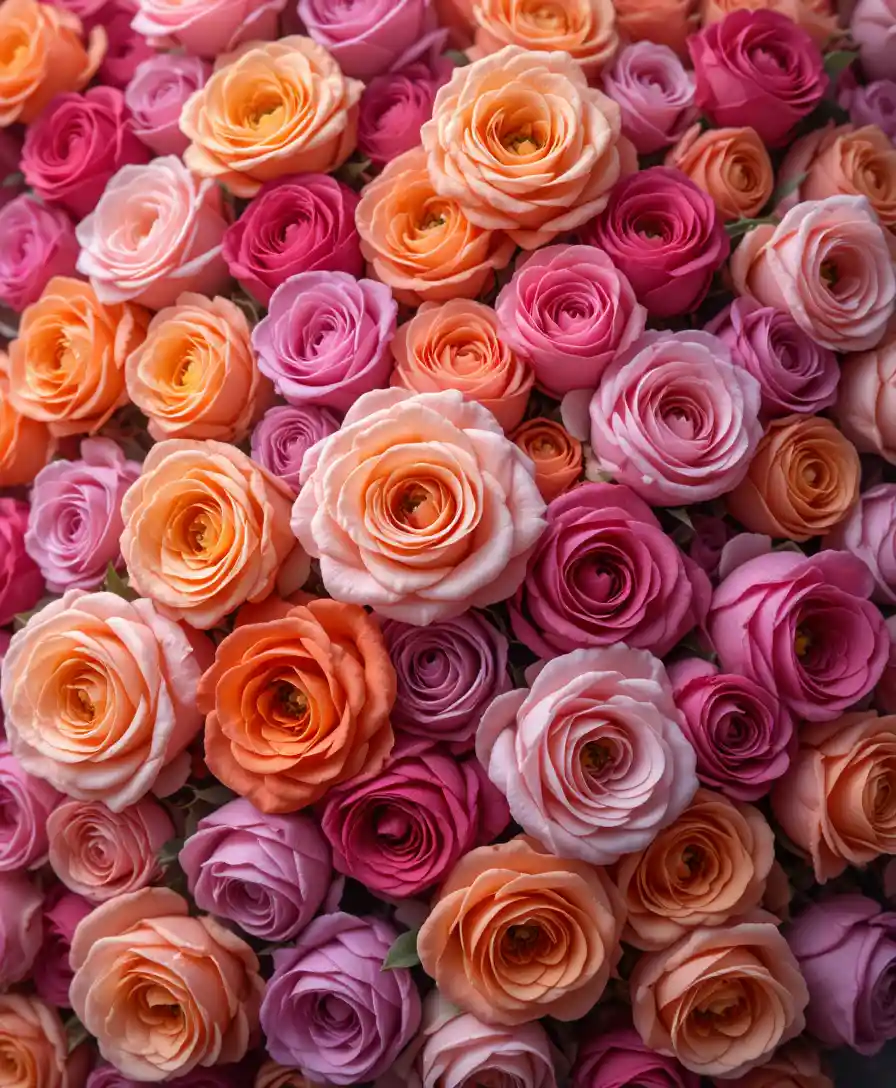 Bouquet dall’alto di rose colorate ricoperte di rugiada in una luce soffusa