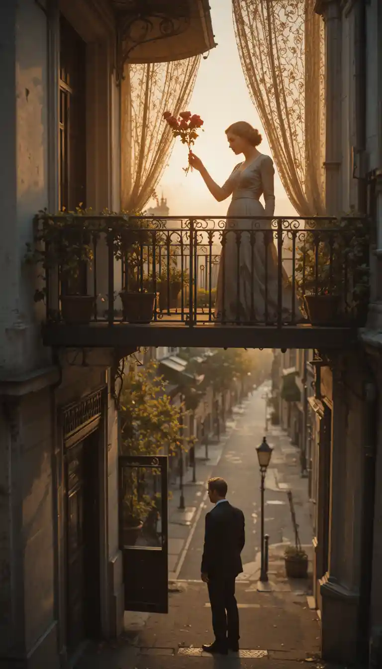 Woman on paris balcony casting roses into the street