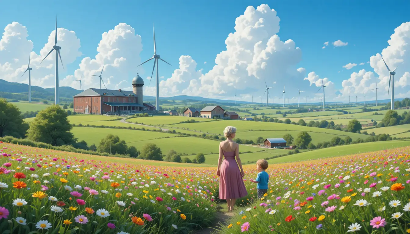 Elderly woman on a futuristic farm with modern wind turbines