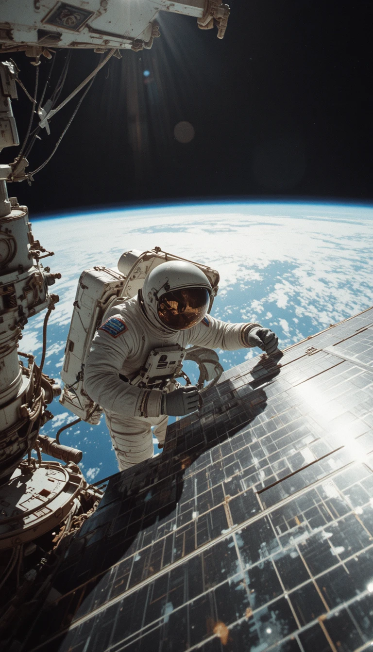 Astronaut Repairing Solar Panel On ISS In Harsh Sunlight