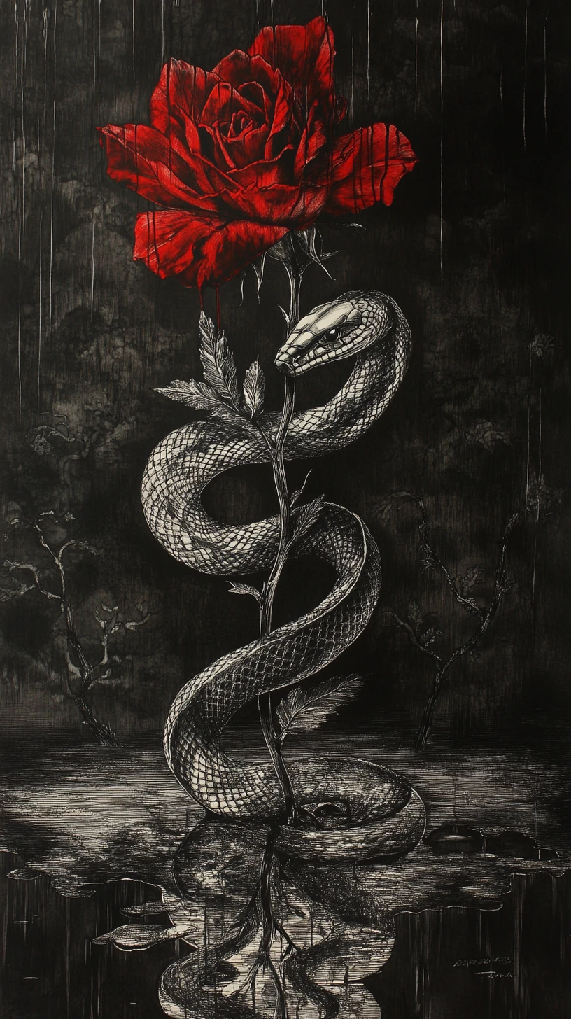 Cobra Avvolto Attorno a Rosa Rossa e Argentata nel Giardino al Crepuscolo