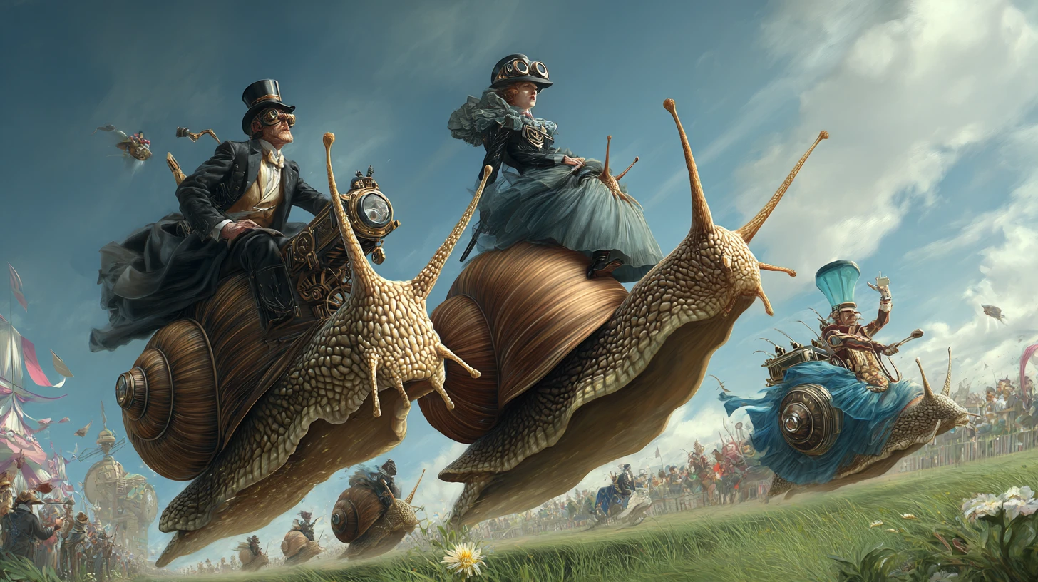Whimsical steampunk great snail race with cheering spectators