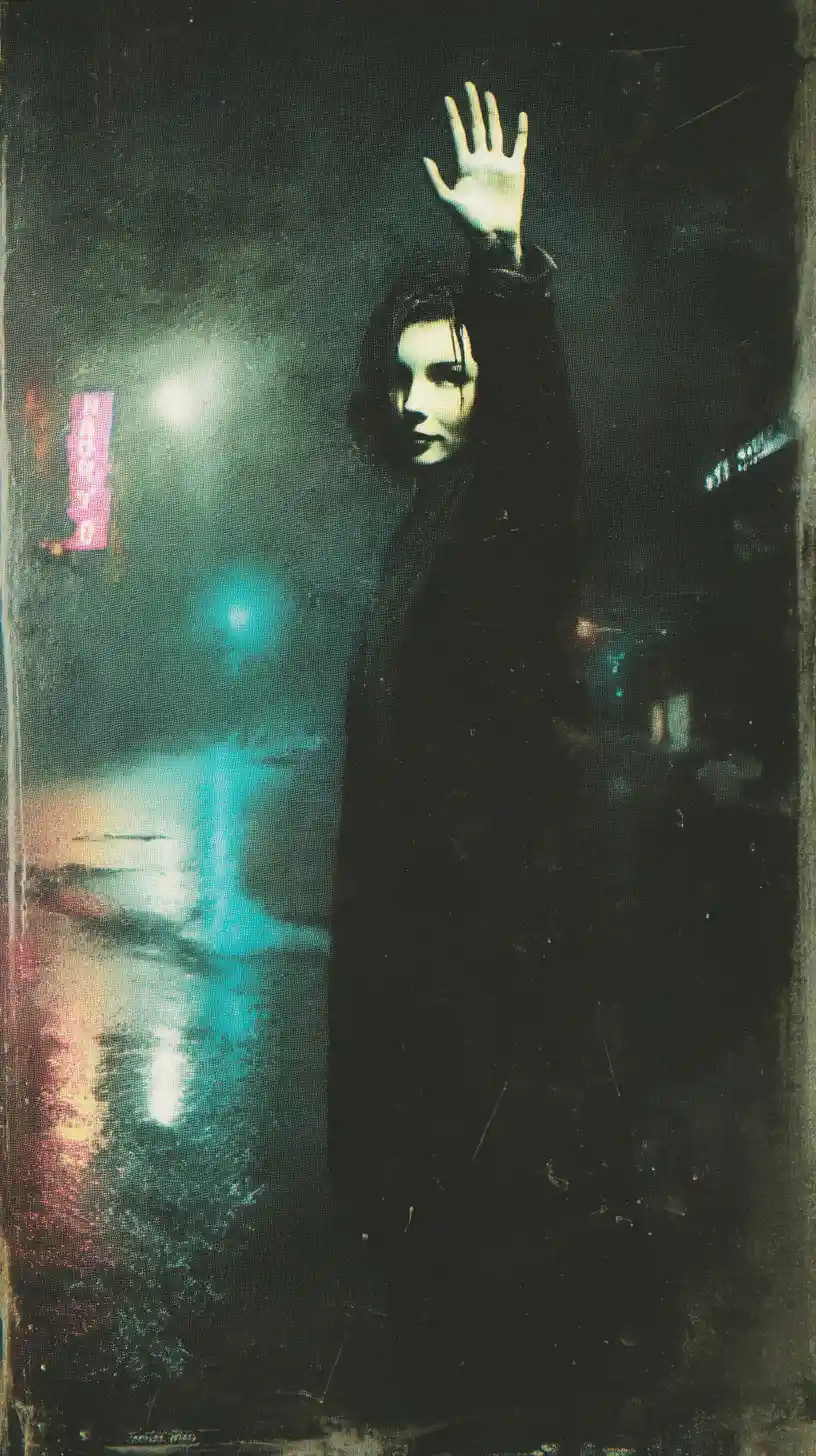 Woman waving on a rain soaked city street at night