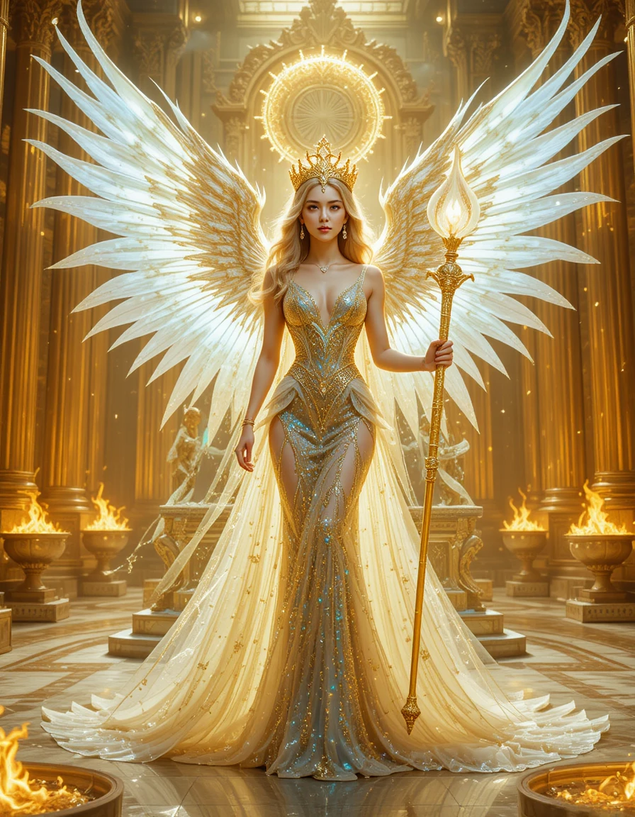 Reina divina alada en un radiante salón dorado del templo