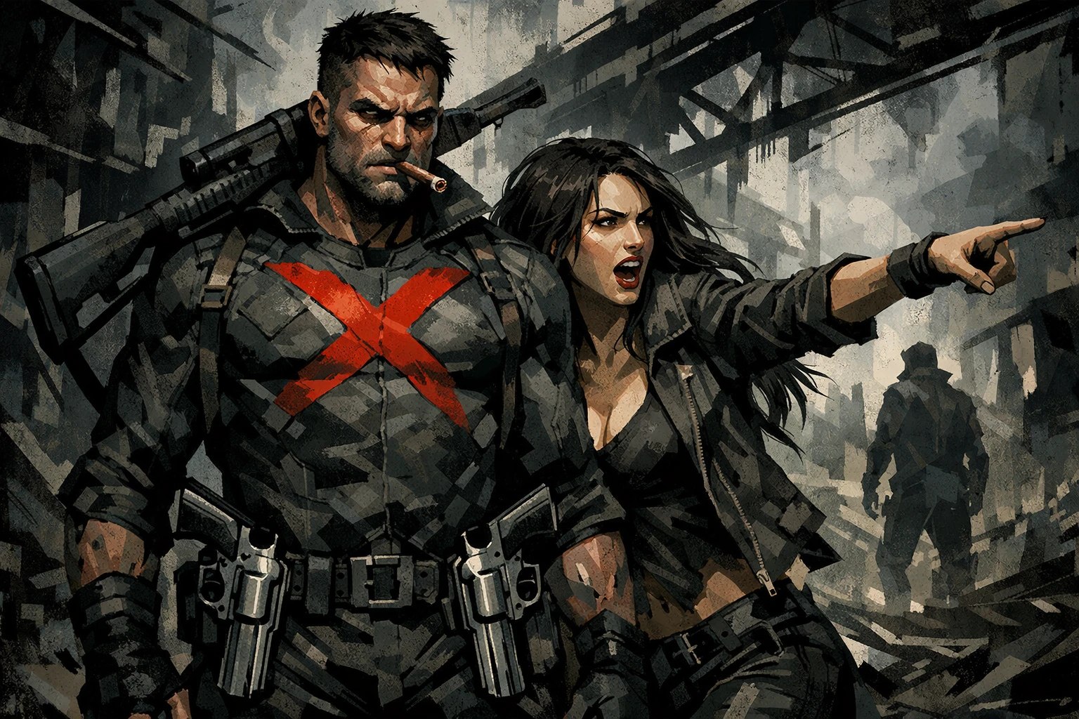 Angry armed vigilante beside woman in noir wasteland