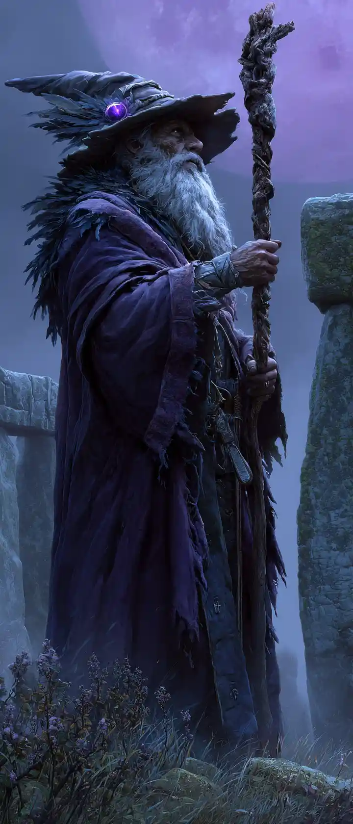 Sinister wizard in moonlit stone circle with glowing staff