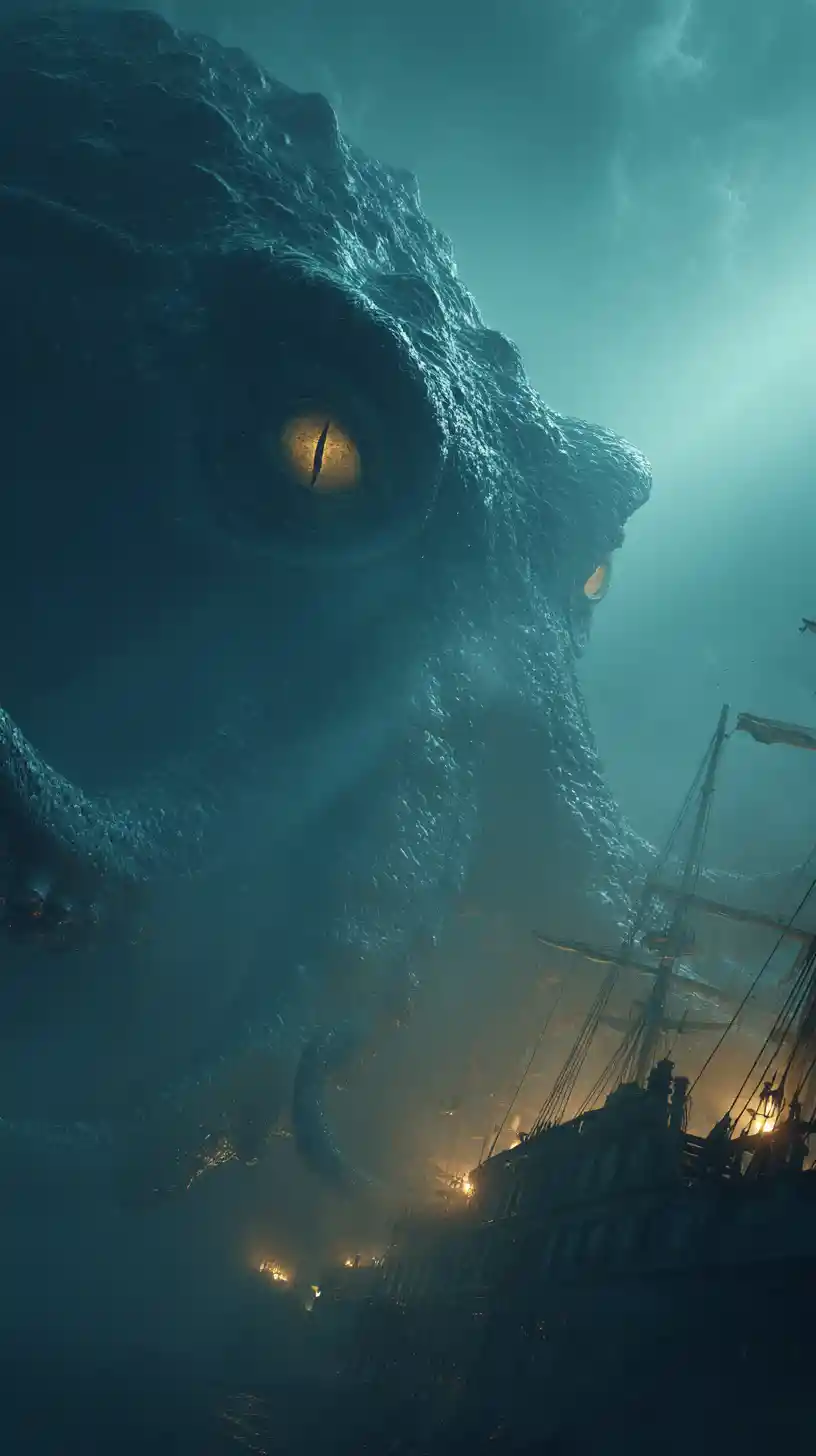 Menacing sea monster rising beside a wrecked pirate ship