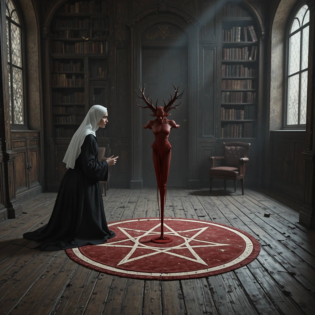 European nun kneeling before a glowing red pentagram
