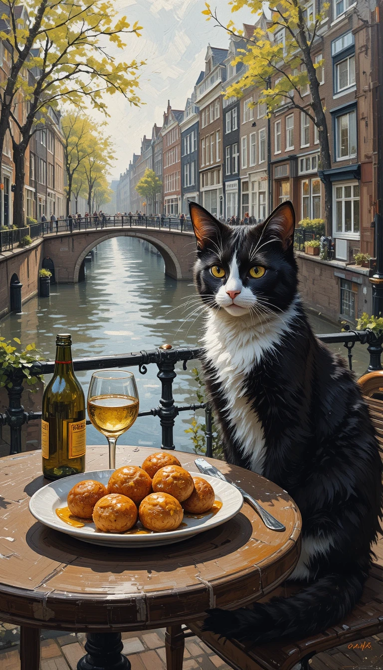 Black and white cat at canal side cafe oil painting