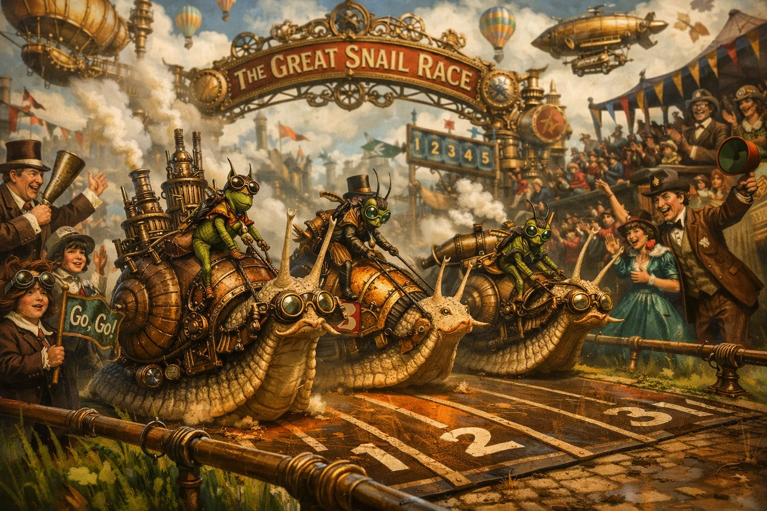 Whimsical Steampunk Great Snail Race With Cheering Spectators