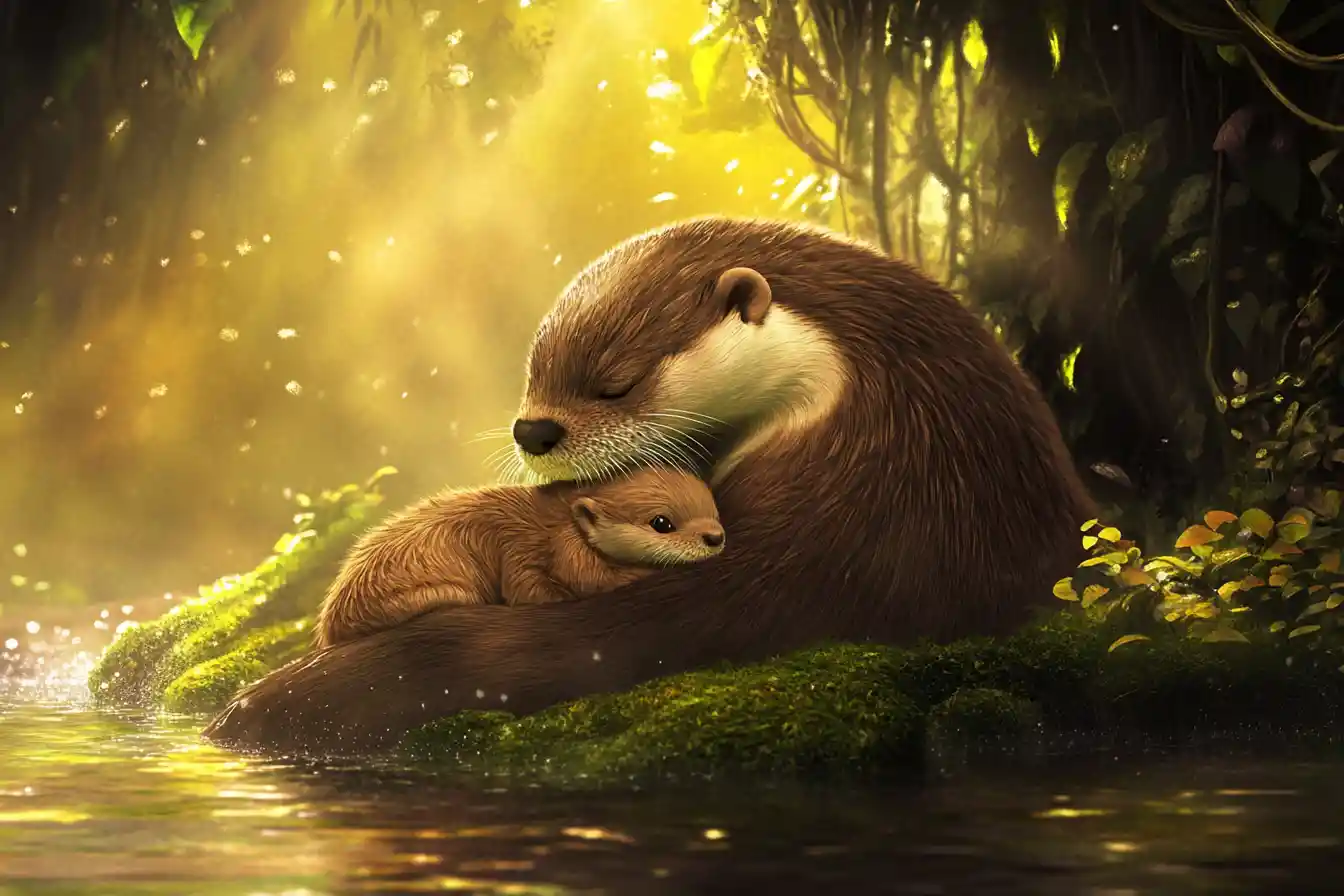 Mother giant otter cradling newborn pup by misty riverbank