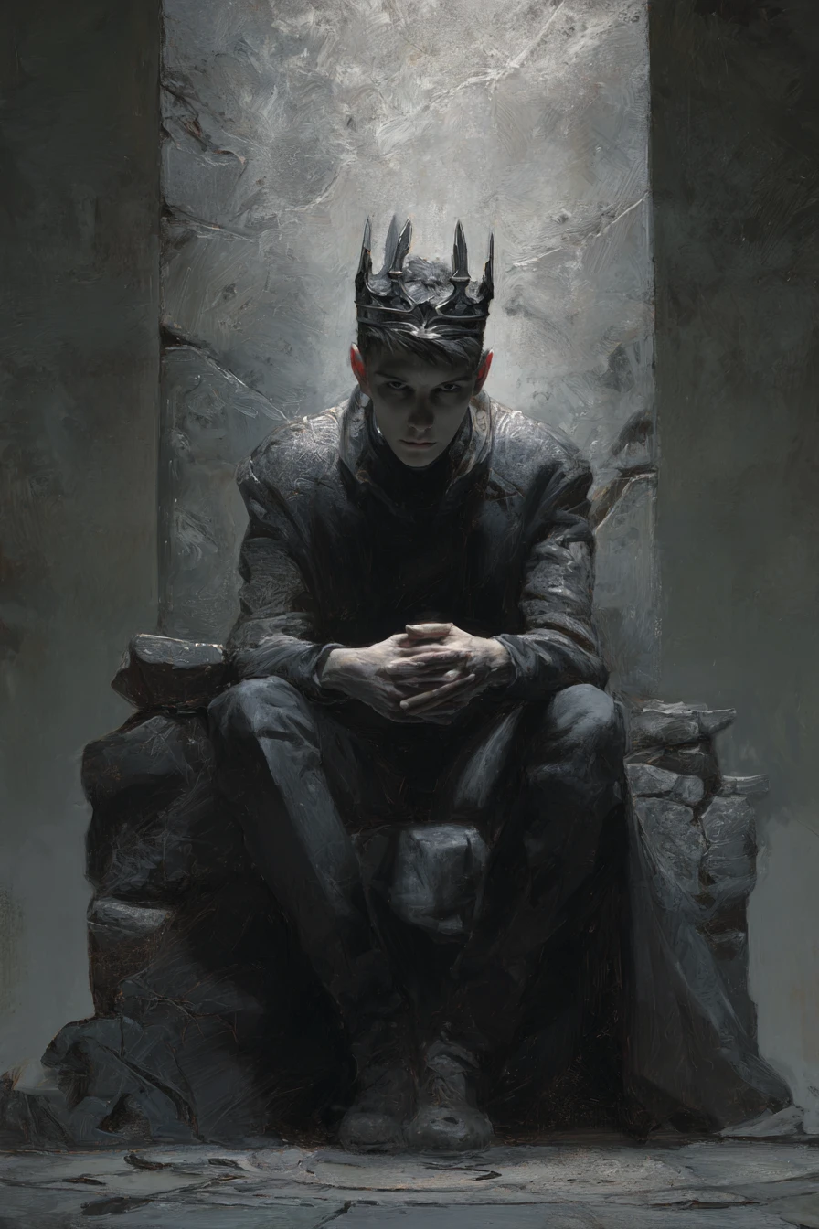 Solemn medieval king on obsidian throne in moonlit hall