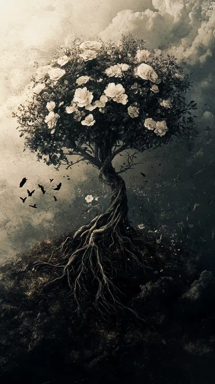 Albero Surreale Diviso tra Rigogliosa Fioritura e Morte in Decomposizione
