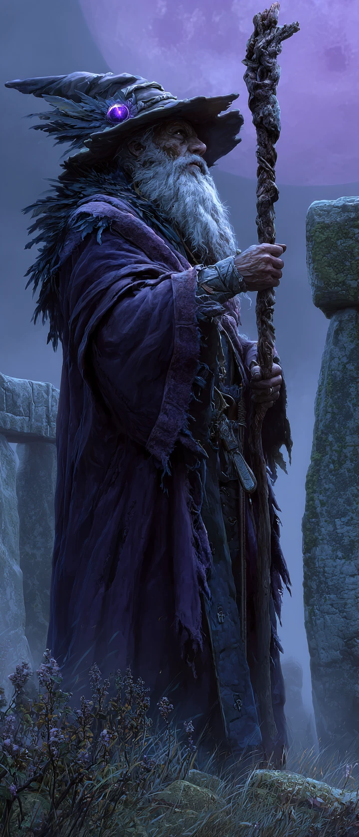 Sinister wizard in moonlit stone circle with glowing staff