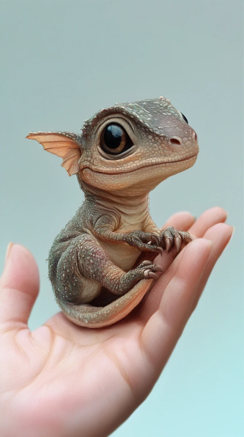 Tiny chasmosaur resting curled in a gentle human palm