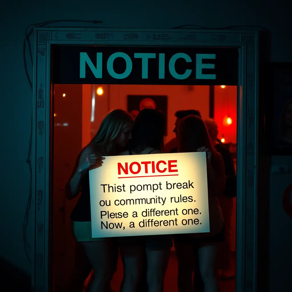 Large warning sign blocking view of explicit scene