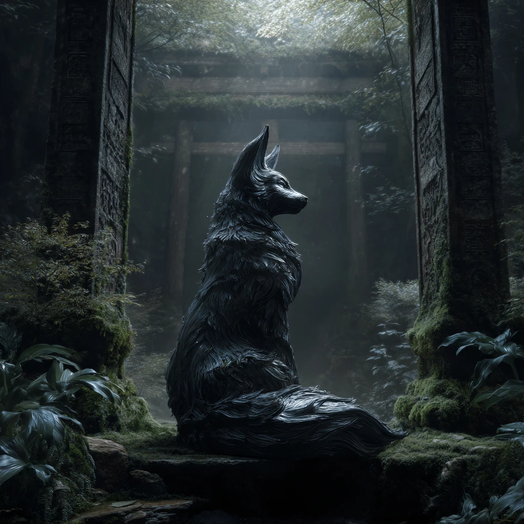 Mystical nine tailed kitsune spirit guarding a forest portal