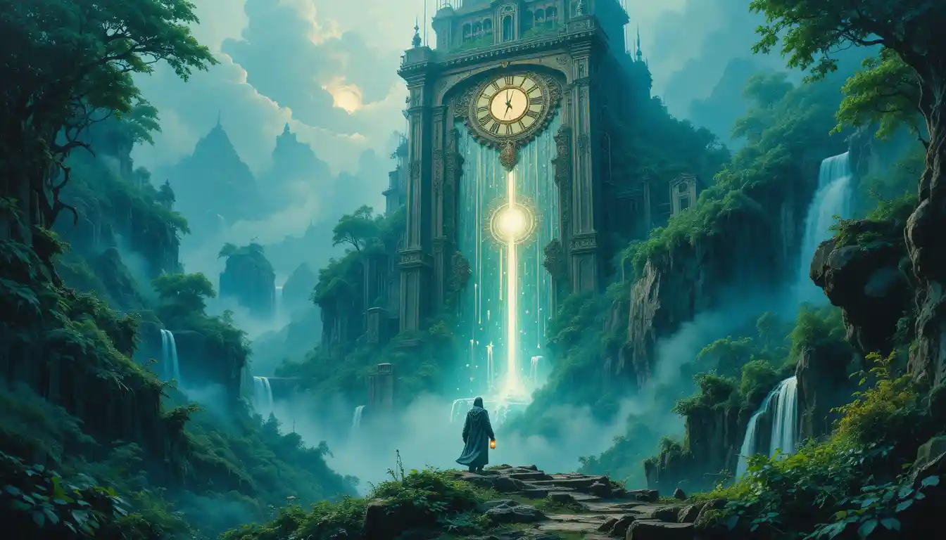 Surrealer Uhrenturm über nebeligen Wasserfällen und Wald