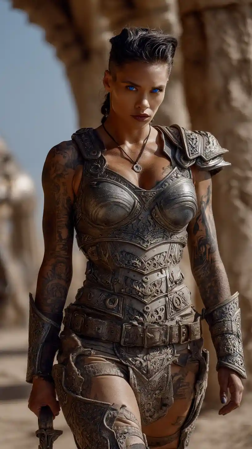 Sci fi warrior woman in golden armor at ruined temple